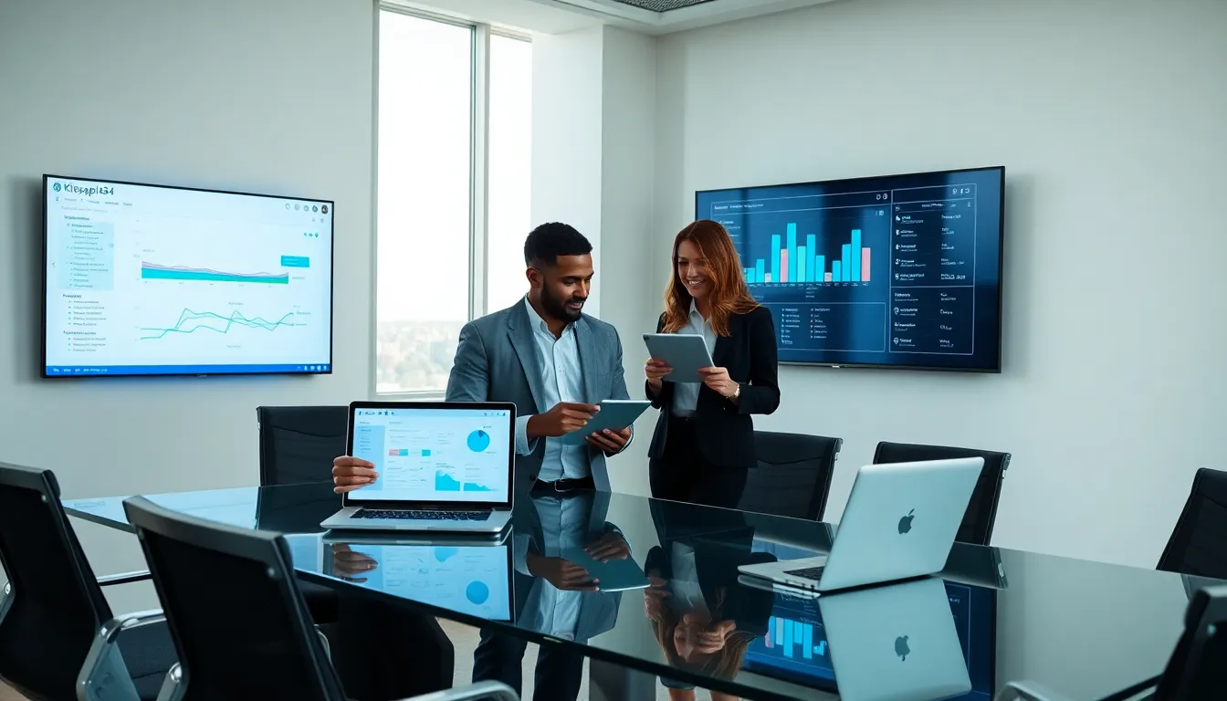 diverse professionals collaborating in a modern workspace using Kisapisa434 software.